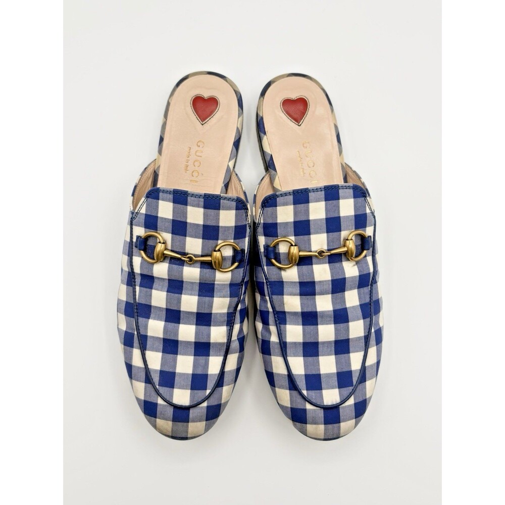Gucci Princetown Blue Gingham Plaid w/ Gold Horsebit Mules Slippers Sz EU 37 7